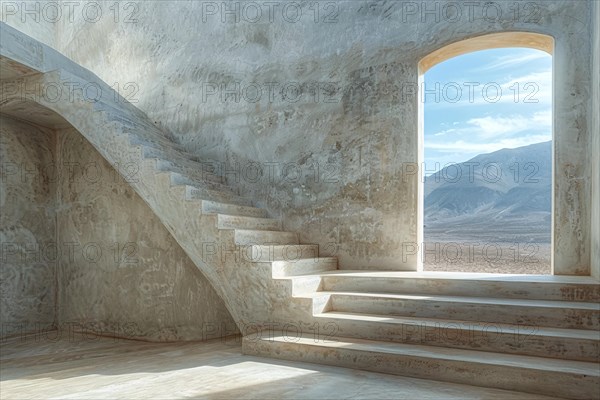 A serene view from an arch window showing a staircase with textured walls and desert in the background, AI generated