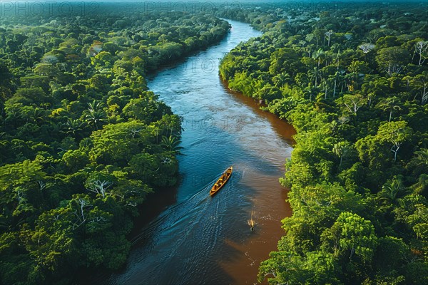 Aerial view of a canoe on a meandering river cutting through the dense tropical rainforest, AI generated