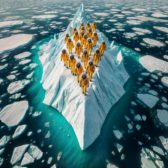 Aerial view of group people wearing yellow winter garment standing on a large block of ice in the middle of the ocean. AI generated