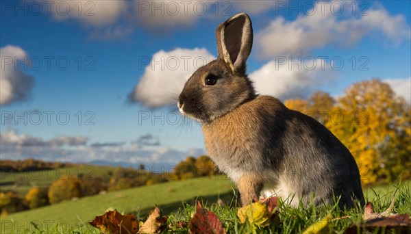 KI generated, A colourful dwarf rabbit in a meadow in autumn, side view, (Brachylagus idahoensis)