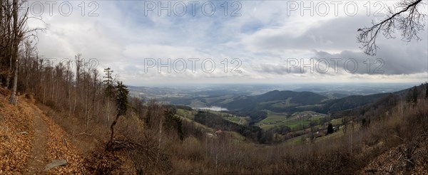 View of the Stubenbergsee and the eastern Styrian hills, panoramic view, Berg Kulm, Puch bei Weiz, Eastern Styria, Styria, Austria, Europe