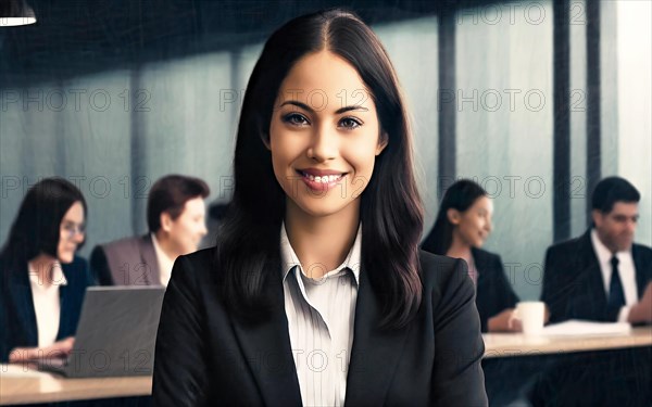 Self-confident woman with black hair standing in the office, professional businesswoman, young CEO of a company, AI generated, AI generated