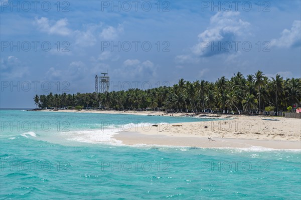 Palm fringed white sand beach, Agatti Island, Lakshadweep archipelago, Union territory of India