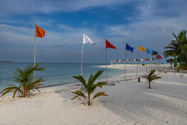 White sand beach with many flags, Bangaram island, Lakshadweep archipelago, Union territory of India