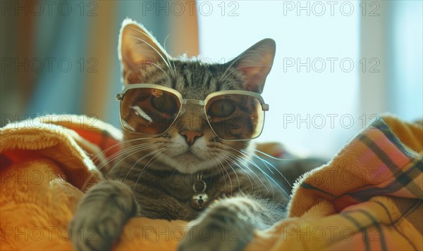 A relaxed cat lies on a comfy blanket wearing chic sunglasses AI generated