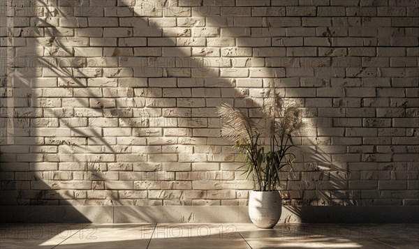 Sunlight streams through a space casting shadows on a brick wall and a vase with leaves AI generated