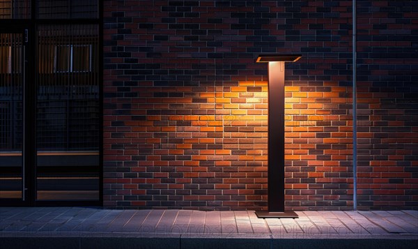 An elegant street light illuminates a brick wall, creating a warm and inviting pathway at night AI generated