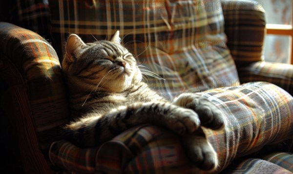 A cat sleeps peacefully on a plaid chair bathed in warm sunlight AI generated