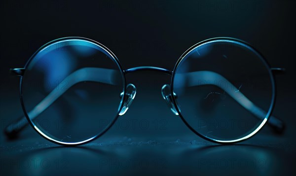 Close-up of round eyeglasses with clear lenses against a dark background with reflected lights AI generated