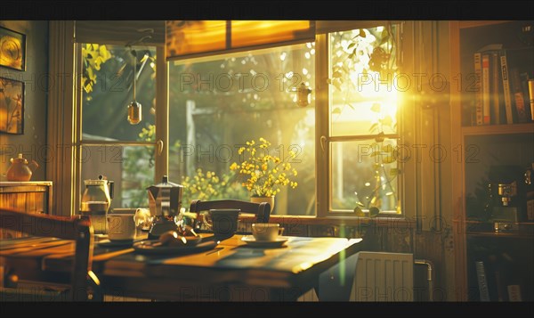 Evening sunlight casting a golden glow on a dining room with tea pot and comforting ambience AI generated