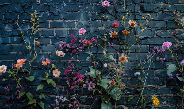 Flowering plants emerge against dark bricks, nature reclaiming the space AI generated