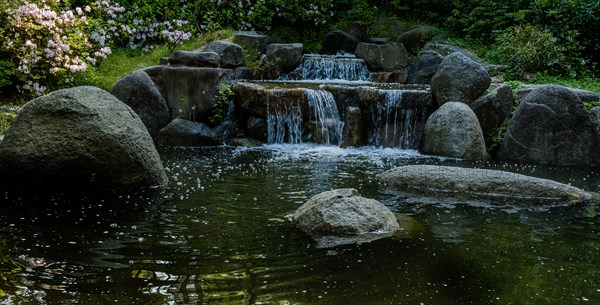 Small waterfall streaming water into a pond surrounded by large boulders, lush green foliage and flowers in South Korea