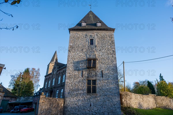 Stone tower of an old building on a clear day, manor, Schoeller, Wuppertal, Bergisches Land, North Rhine-Westphalia