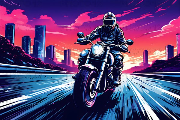 Fast biker in the city with skyscrapers, color line art, AI generated