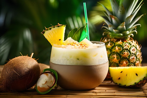 Tropical smoothie with pineapple coconut milk dash of lime served in coconut shell bamboo, AI generated