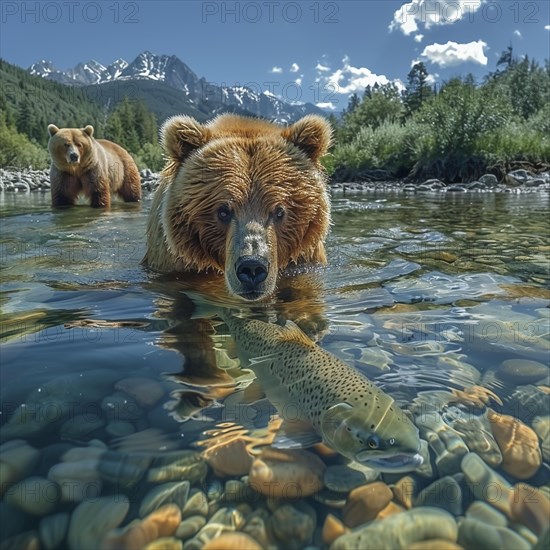 A brown bear hunts salmon in shallow clear water, AI generated