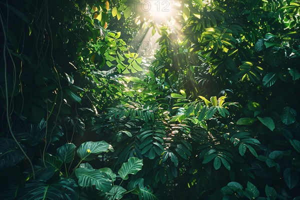 Rays of light pierce through the dense, lush foliage of a vibrant jungle, creating a tranquil atmosphere, AI generated