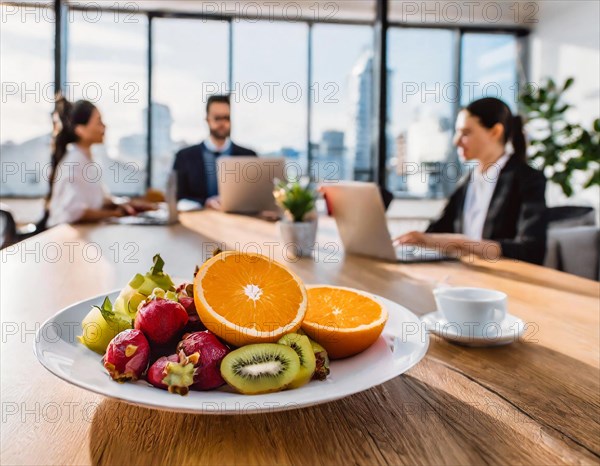 Meeting room with business people and a fruit plate in the foreground, city view in the background, AI generated, AI generated