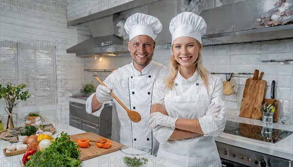 AI generated, Two attractive chefs in the kitchen of a hotel, man and woman