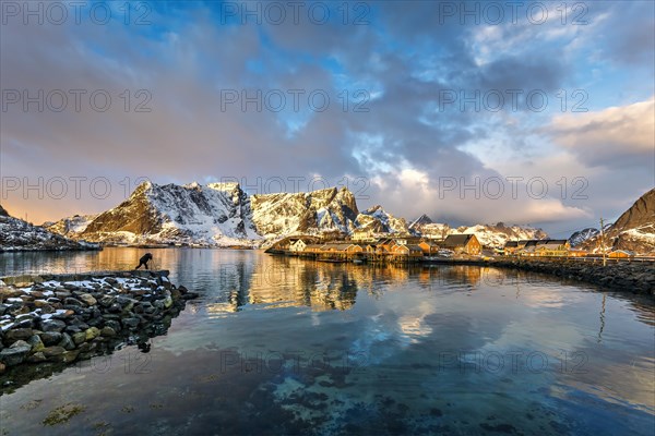 Dusk sets over a tranquil Lofoten waterfront with snowy mountains and quiet houses, Lofoten
