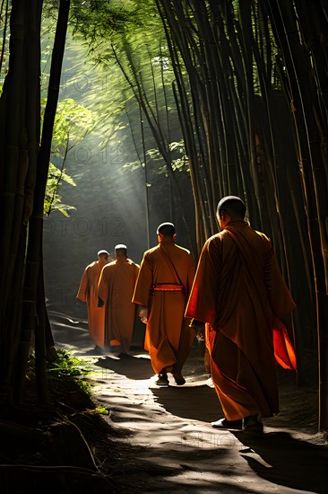 Shaolin disciples clad in traditional orange robes walk in a serpentine single file bamboo stalks, AI generated