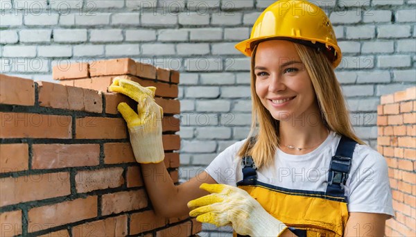 AI generated, A female bricklayer inspects a brick wall, 30, 35, years