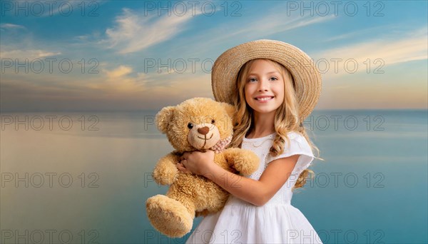 Ai generated, A blonde girl, 8 years old, enjoys the summer in a meadow with lots of flowers and is happy about her teddy bear, mascot