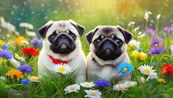 KI generated, animal, animals, mammal, mammals, dog, domestic dogs (Canis lupus familiaris), flower meadow, spring, couple, two animals