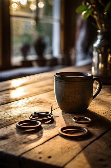 Rustic wooden table adorned with the history of ring marks from coffee cups and scratches, AI generated