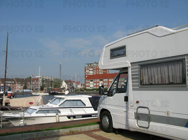 Recreational vehicles, Emden harbour, East Frisia, Germany, Europe