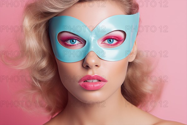 Face of young blond woman with pink makeup and light blue superhero mask on pastel pink background. KI generiert, generiert AI generated