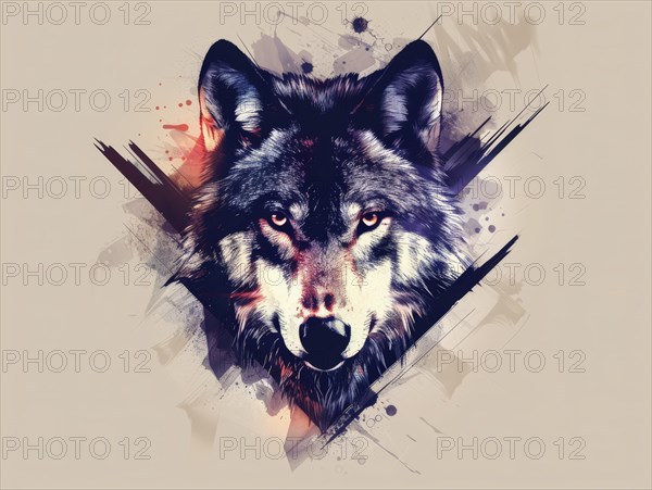 Dynamic abstract illustration of a wolf with splatter on a beige background, ai generated, AI generated