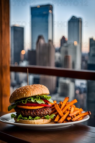 Plant based protein burger accompanied by sweet potato fries, AI generated