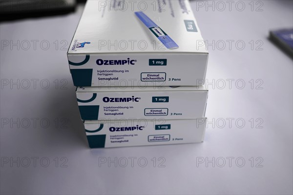 Stack of Ozempic medication packages on a table, for diabetes 2 patients, Stuttgart, Baden-Wuerttemberg, Germany, Europe