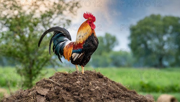 KI generated, A beautiful rooster stands on a dung heap, farmyard, (Gallus gallus domesticus)