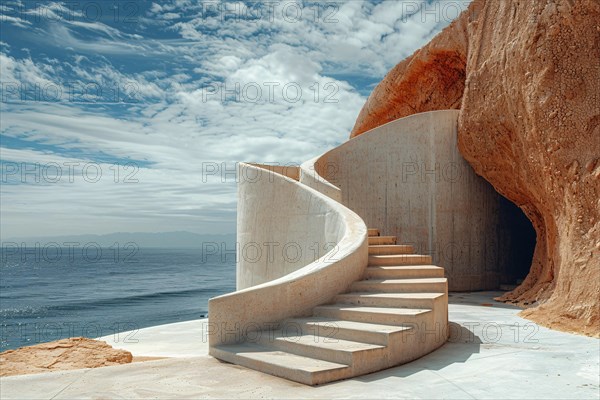 A serene scene featuring a modern staircase within a rocky landscape overlooking the ocean, AI generated