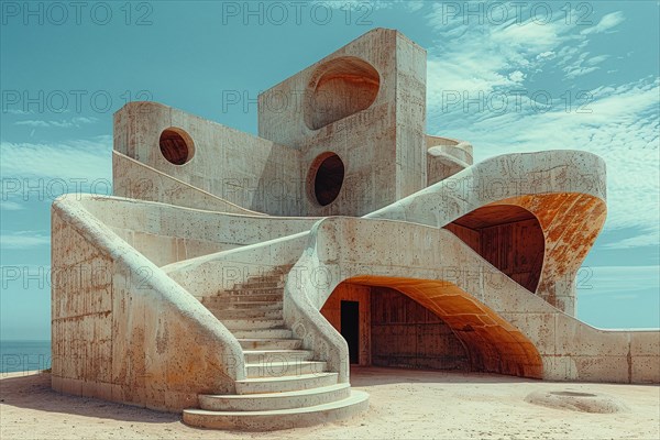 Abstract and textured concrete architecture with a dynamic staircase under a blue sky, AI generated