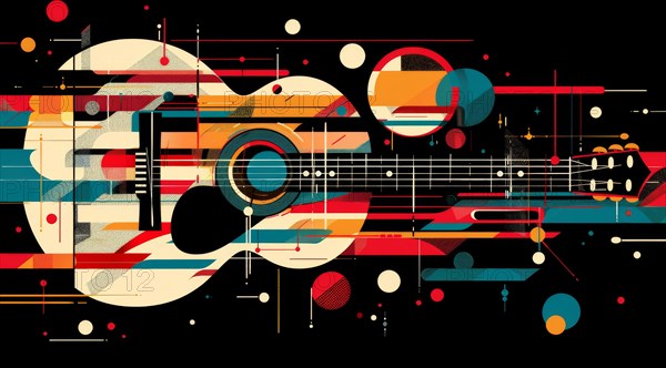 Modern abstract guitar design with colorful geometric shapes on a black background, ai generated, AI generated