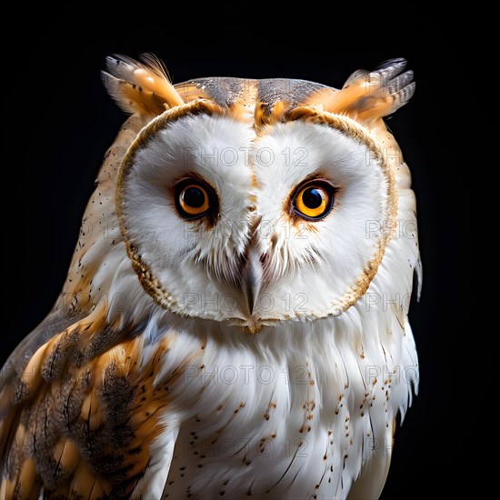 Barn owl body viewed from the side head tilted isolated from background, AI generated