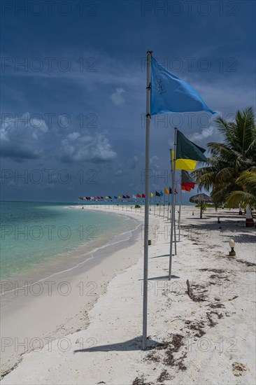 White sand beach with many flags, Bangaram island, Lakshadweep archipelago, Union territory of India