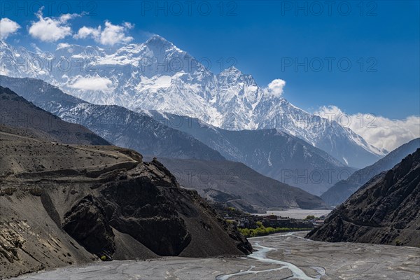 Huge riverbed before the Annapurna mountain range, Kingdom of Mustang, Nepal, Asia