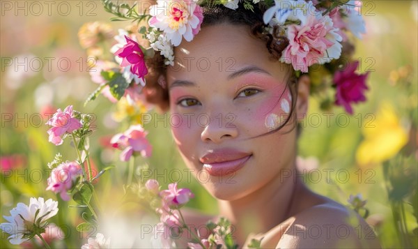 Joyful woman with a floral headpiece in nature, surrounded by vibrant colors AI generated