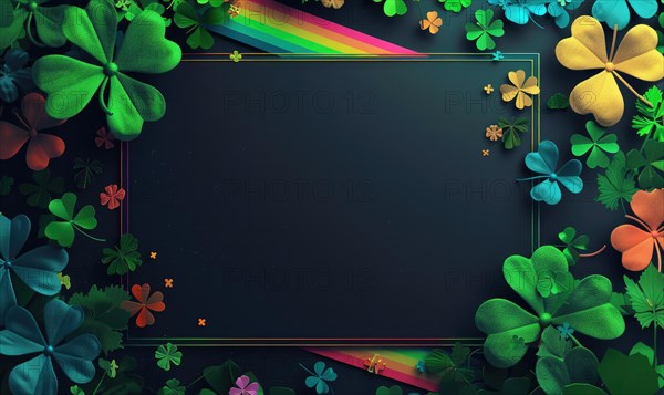 A sparkling rainbow crosses a dark background with neon-colored clovers creating a festive mood AI generated