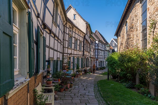 Historic cobbled street with a garden on one side and half-timbered houses, Old Town, Hattingen, Ennepe-Ruhr district, Ruhr area, North Rhine-Westphalia