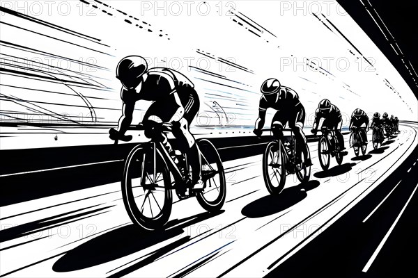 Line art black and white cyclist in velodrome, AI generated