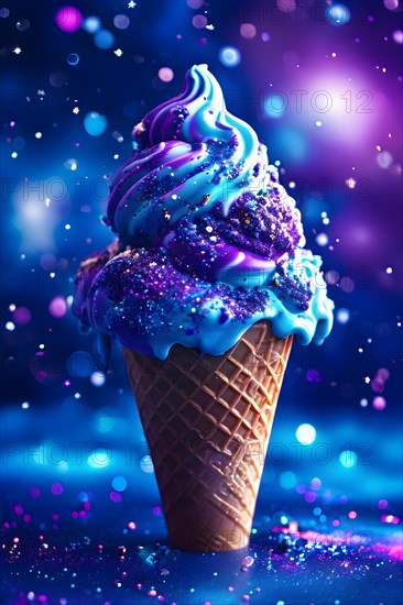 Galaxy themed ice cream cone swirling blues and purples edible glitter star shaped candies, AI generated