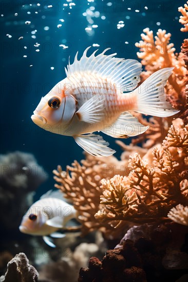 Bleached coral and resilient fish swimming close up symbolizing hope against devastation, AI generated