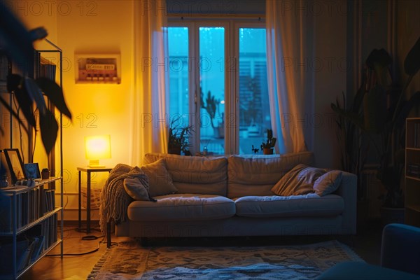 Evening falls in a serene living room bathed in a warm, relaxing glow, AI generated