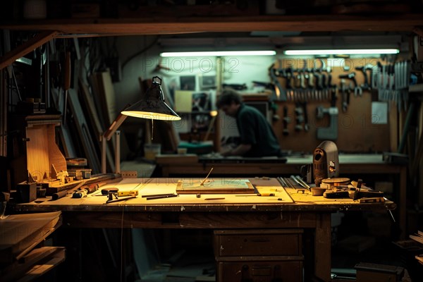 A well-organized carpentry workbench with tools under warm light, AI generated