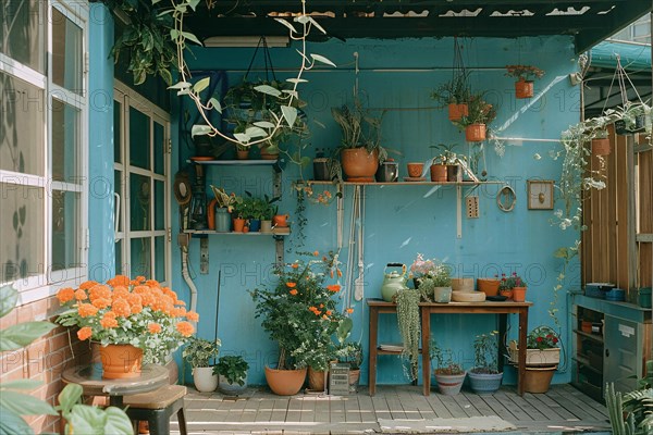 Vibrant and rustic outdoor patio with teal walls adorned with potted plants, AI generated